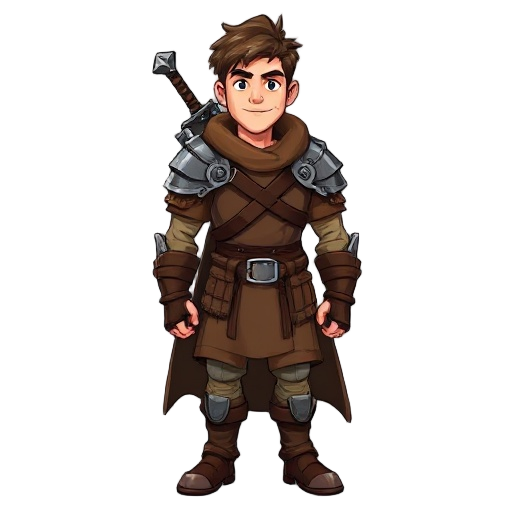 male warrior wearing leather armor with iron shoulder plates and a brown cape. he has a sword on his back, short messy hair, a rugged look, and a belt with pouches. 