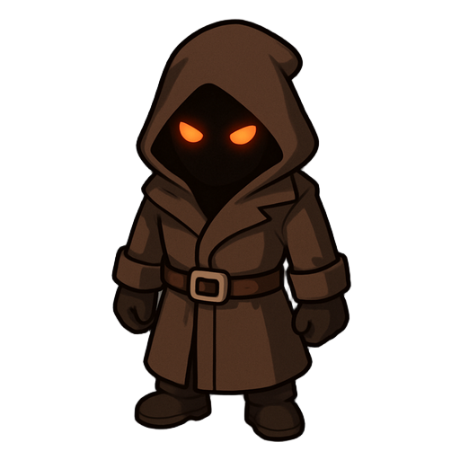 hooded trenchcoat game character with shaded face and dimly lit orange eyes