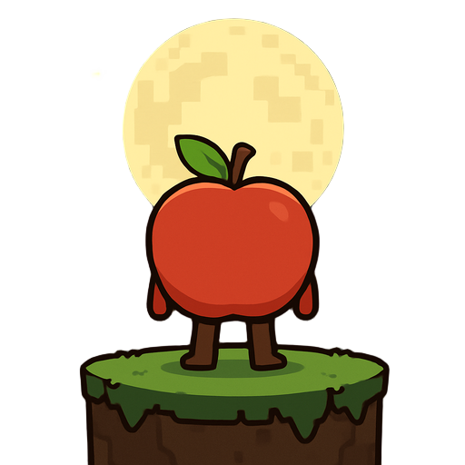 having an apple starring at the moon and we look from behind the apple . and there's minecraft particle xp floating around it. the moon is big and the apple is on a cliff