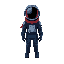 a sci-fi minimalist astronaut in a sleek navy blue suit with a visor, a small tank on the back, and a flowing red cloth over the shoulders. soft pastel tones, smooth edges, and ambient lighting for a 