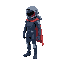 a sci-fi minimalist astronaut in a sleek navy blue suit with a visor, a small tank on the back, and a flowing red cloth over the shoulders. soft pastel tones, smooth edges, and ambient lighting
