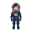 scifi minimal astronaut pilot in navy blue suit, having a visor, a small tank in the back, having a red garments of piece of cloth over the shoulders, pastel color palete