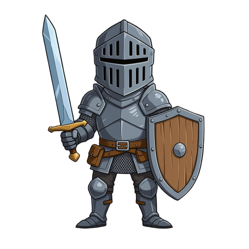 knight adventurer with helmet grills has sword and shield