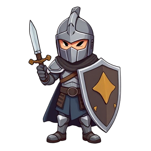 knight adventurer with helmet grills has sword and shield