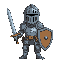 knight adventurer with helmet grills has sword and shield