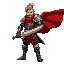 a heroic male warrior standing in battle-ready pose, wearing medieval armor with metallic reflections, leather straps, and a red cape flowing in the wind. holding a large sword with glowing edges. the scene is dynamic, with soft lighting and subtle dust p