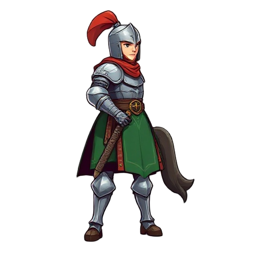 avaleiro medieval  o cavaleiro deve estar de perfil, voltado para a direita, usando uma armadura metálica completa com elmo fechado. ele deve ter um manto curto marrom sobre os ombros, uma saia ou túnica verde escura pr