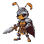 an ant knight with a sword, armor and helmet