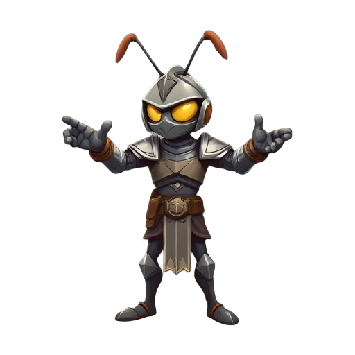 an ant knight with armor and helmet, stretching out his hand to control an object