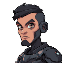 sci-fi cyborg, with artificial eye, he should resemble starcraft characters. give him a lot of implants, like robotic third arm