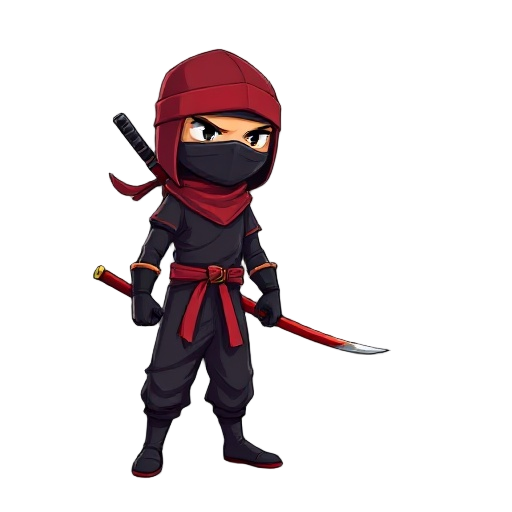 um ninja com roupas pretas e faixa vermelha com uma espada na mão 