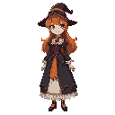 a female magician with orange hair and a victorian dress