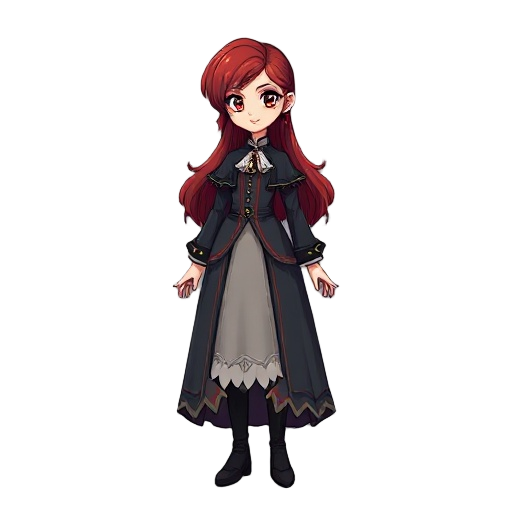 a female magician with red hair and a victorian dress