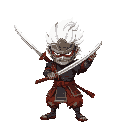 a samurai, big, with two swords (one in each hand), with a samurai mask, in samurai clothes, big white hair, in a fighting position, with one sword up and the other down.