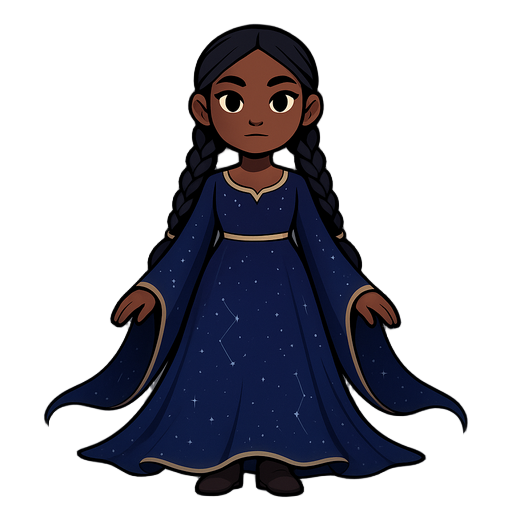 a 2d platformer charcter with long black braids, dark skin, female and in flowy celestial gown