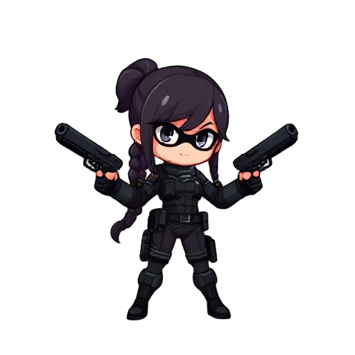 a female pixel character in a black combat suit, has multiple long braids and holding double pistols