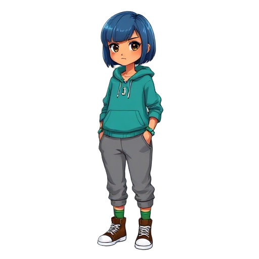 serious girl with short straight blue hair, tan skin, teal hoodie with front pocket and crescent moon necklace, loose gray joggers tucked into green socks, brown high-top converse with white soles, side view, bracelet with blue and green beads, stylized r