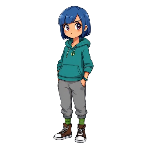 serious girl with short straight blue hair, tan skin, teal hoodie with front pocket and crescent moon necklace, loose gray joggers tucked into green socks, brown high-top converse with white soles, side view, bracelet with blue and green beads, stylized c