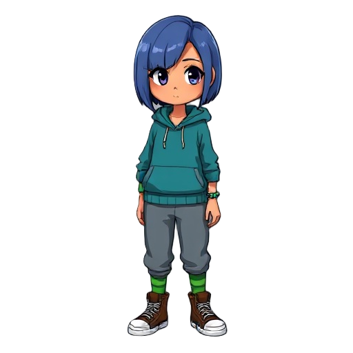 serious girl with short straight blue hair, tan skin, teal hoodie with front pocket and crescent moon necklace, loose gray joggers tucked into green socks, brown high-top converse with white soles, side view, bracelet with blue and green beads, stylized c