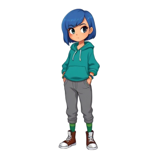 serious girl with short straight blue hair, tan skin, teal hoodie with front pocket and crescent moon necklace, loose gray joggers tucked into green socks, brown high-top converse with white soles, side view, bracelet with blue and green beads