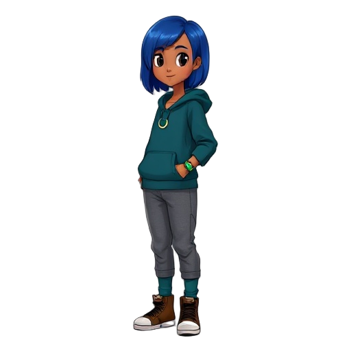 side view of a girl with light brown skin, short cobalt blue straight hair, wearing a dark teal hoodie with front pocket and crescent moon necklace, gray jogger pants tucked into teal socks, brown high-top sneakers, green and blue beaded bracelet, soft-sh