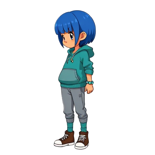 side view of a cartoon girl with tan skin and short, straight cobalt blue hair, wearing a teal hoodie with front pocket and crescent moon necklace, gray jogger pants tucked into teal ribbed socks, brown high-top sneakers, blue-green bead bracelet, clean c