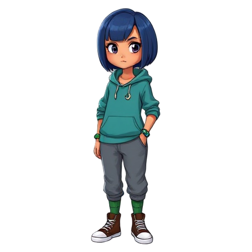 serious girl with short straight blue hair, tan skin, teal hoodie with front pocket and crescent moon necklace, loose gray joggers tucked into green socks, brown high-top converse with white soles, side view, bracelet with blue and green beads, stylized r
