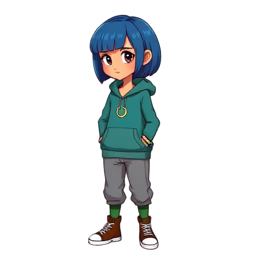 serious girl with short straight blue hair, tan skin, teal hoodie with front pocket and crescent moon necklace, loose gray joggers tucked into green socks, brown high-top converse with white soles, side view, bracelet with blue and green beads, stylized r
