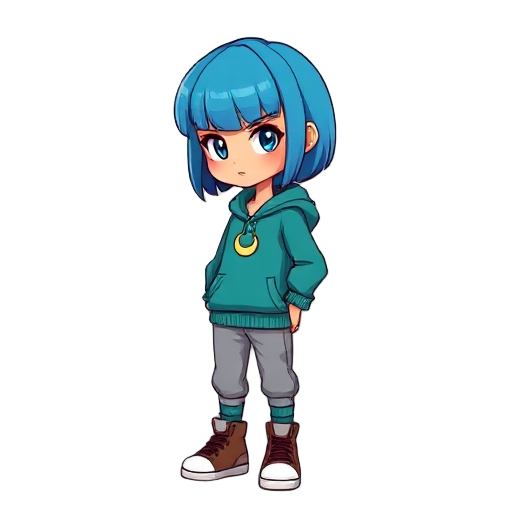 blue-haired girl with a bob cut, wearing a teal hoodie with a crescent moon necklace, gray jogger pants, green socks, and brown high-top sneakers. she has a serious expression, tan skin, and a green-blue beaded bracelet on her wrist. side profile view.