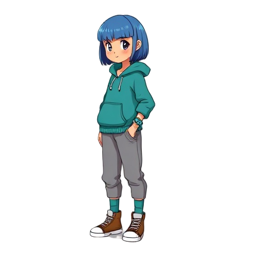 girl with short straight blue hair, tan skin, wearing a teal hoodie with front pocket and crescent moon necklace, loose gray joggers tucked into teal socks, brown high-top sneakers with white soles, a blue-green beaded bracelet, side view, clean lines and