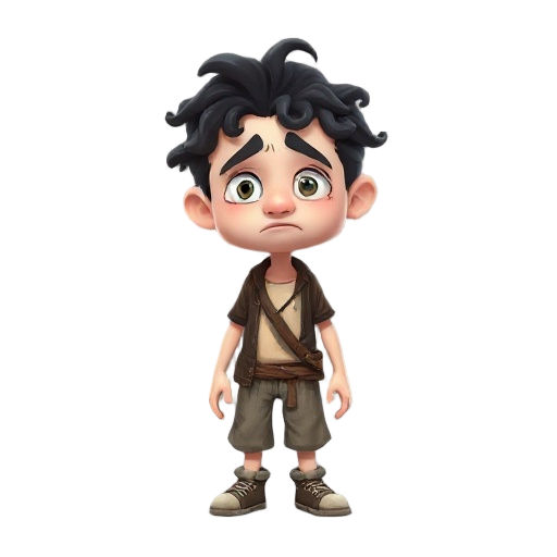 a brazilian character with curly hair, a tired face, pale white and wearing some old clothes
