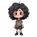 a brazilian girl character with curly hair, a tired face, pale white and wearing some old clothes