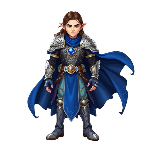 a majestic high fantasy warrior cloaked in ornate silver and sapphire armor, flowing embroidered robes, glowing runes across gauntlets, and a regal cape fluttering in the wind. elven features, long braided hair, eyes glowing with ancient power.