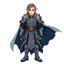 a majestic high fantasy warrior cloaked in ornate silver and sapphire armor, flowing embroidered robes, glowing runes across gauntlets, and a regal cape fluttering in the wind. elven features, long braided hair, eyes glowing with ancient power.