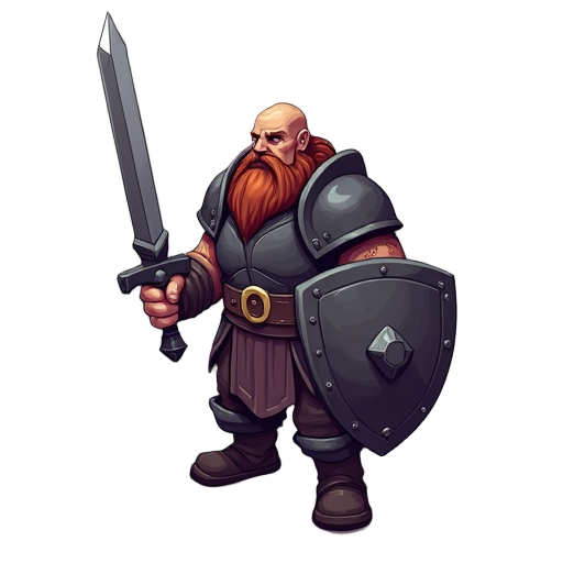 robust warrior, holdin a sword and shield. isometric perspective. dark armor