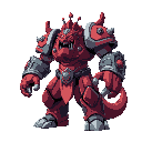um monstro gigante da guerra, baseado no deus sumerio ninurta com uma palheta de cores vermelha e detalhes tecnologicos.