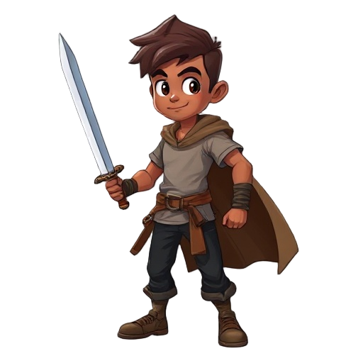 create a character with moviment. young, tal, brown skin and with a sword in their hands . in the back of character, put a rubbed cape, black pants and with t-shirt
