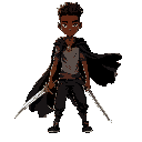 create a character with moviment. young, tal, brown skin and with a sword in their hands . in the back of character, put a rubbed cape, black pants and with t-shirt. dark fantasy style