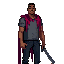 create a character with moviment. mature, tal, brown skin and with a sword in their hands . in the back of character, put a rubbed cape, black pants and with t-shirt. dark fantasy style