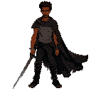 create a character with moviment. mature, tal, brown skin and with a sword in their hands . in the back of character, put a rubbed cape, black pants and with t-shirt. dark fantasy style