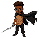 create a character with moviment. young, tal, brown skin and with a sword in their hands . in the back of character, put a rubbed cape, black pants and with t-shirt