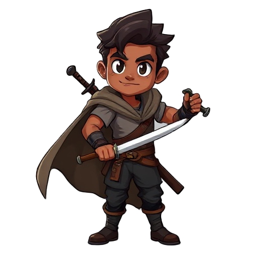 create a character with moviment. mature, tal, brown skin and with a sword in their hands . in the back of character, put a rubbed cape, black pants and with t-shirt. dark fantasy style
