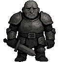 robust warrior, weathered armor and minimal facial details that express resilience and sorrow.monochromatic palette (primarily black with various shades of gray and white accents)