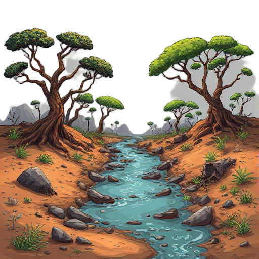 um ambiente desolado e devastado do cerrado brasileiro — terra seca e rachada, árvores carbonizadas e retorcidas típicas do cerrado, cupinzeiros quebrados, cercas de madeira desmoronadas, um leito de rio seco com cinzas escuras e pedras carbonizadas, dest