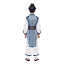 young adult man, pale skin, medium length black hair, white and blue traditional chinese clothing, back view
