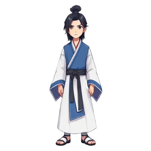 young adult man, pale skin, medium length black hair, white and blue traditional chinese clothing