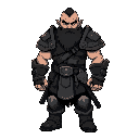 robust warrior with worn, weathered armor and minimal facial details that express resilience and sorrow.monochromatic palette (primarily black with various shades of gray and white accents)