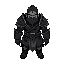 design a robust warrior with worn, weathered armor and minimal facial details that express resilience and sorrow.the sprite should use a monochromatic palette (primarily black with various shades of g