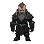 design a robust warrior with worn, weathered armor and minimal facial details that express resilience and sorrow.the sprite should use a monochromatic palette (primarily black with various shades of g