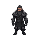 design a robust warrior with worn, weathered armor and minimal facial details that express resilience and sorrow.monochromatic palette (primarily black with various shades of gray).isometric orientati